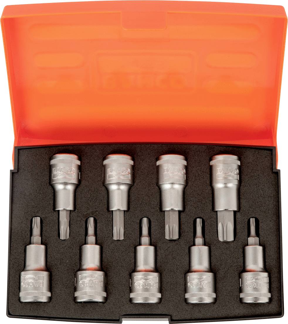 A set of silver screwdriver bits and socket attachments in an open, red box. Ten pieces are securely embedded in foam.