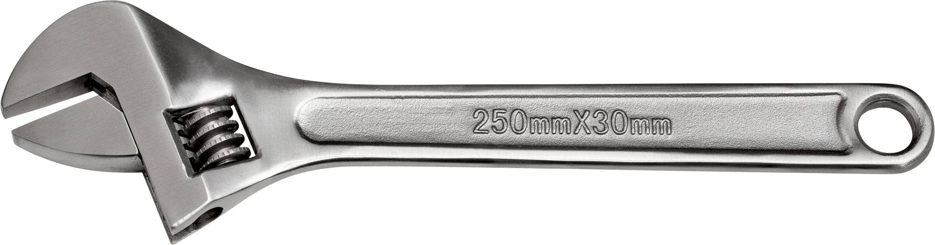 A metal adjustable spanner with the inscription '250 mm x 30 mm' on the handle.