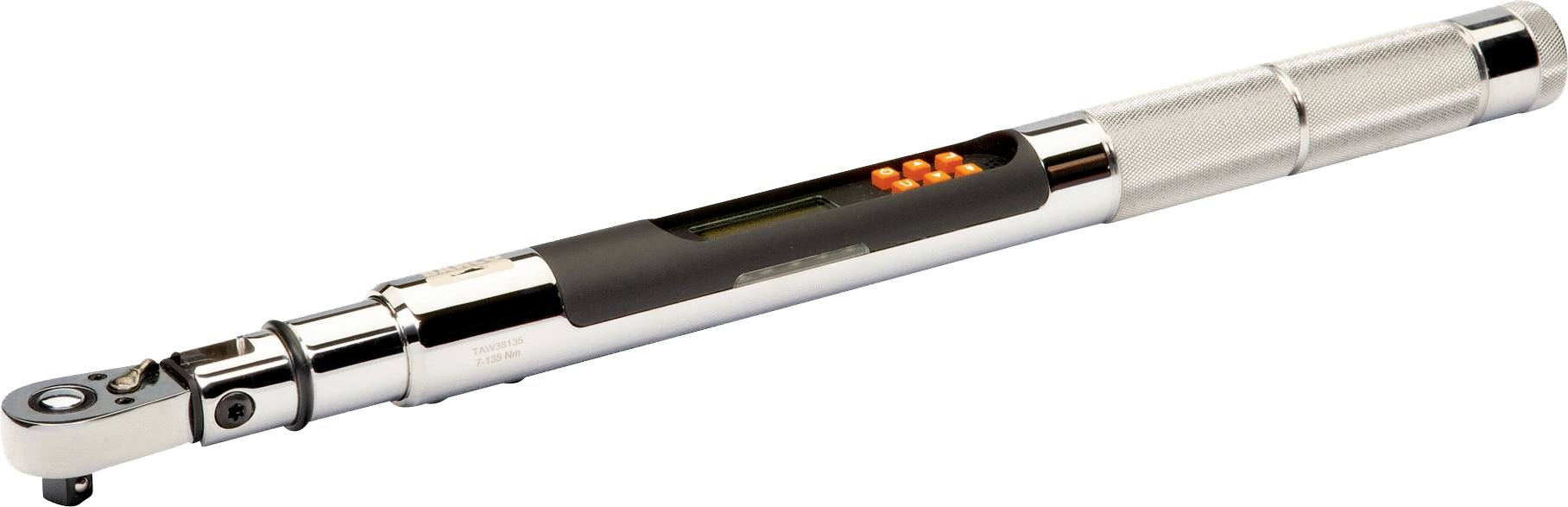 Digital torque wrench with metal handle and LCD display, shows precise torque measurements.