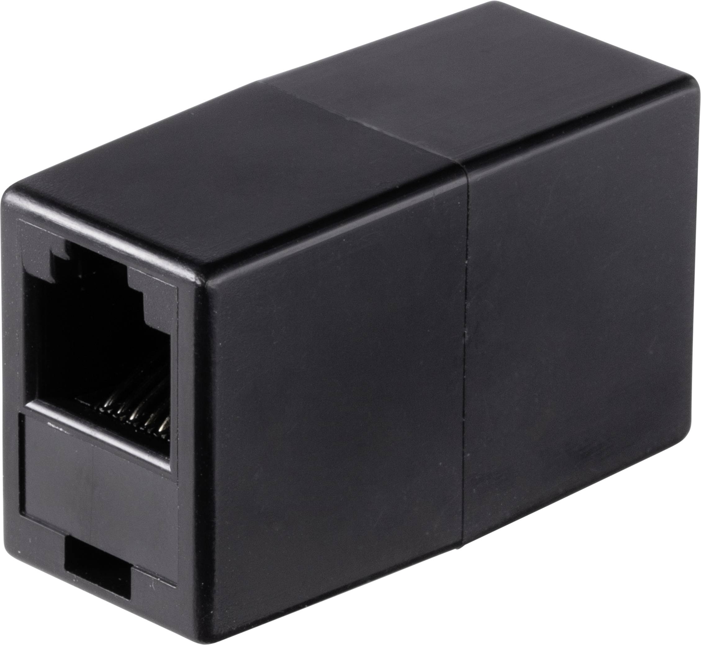 A black Ethernet coupler with two RJ45 sockets, used for connecting network cables.