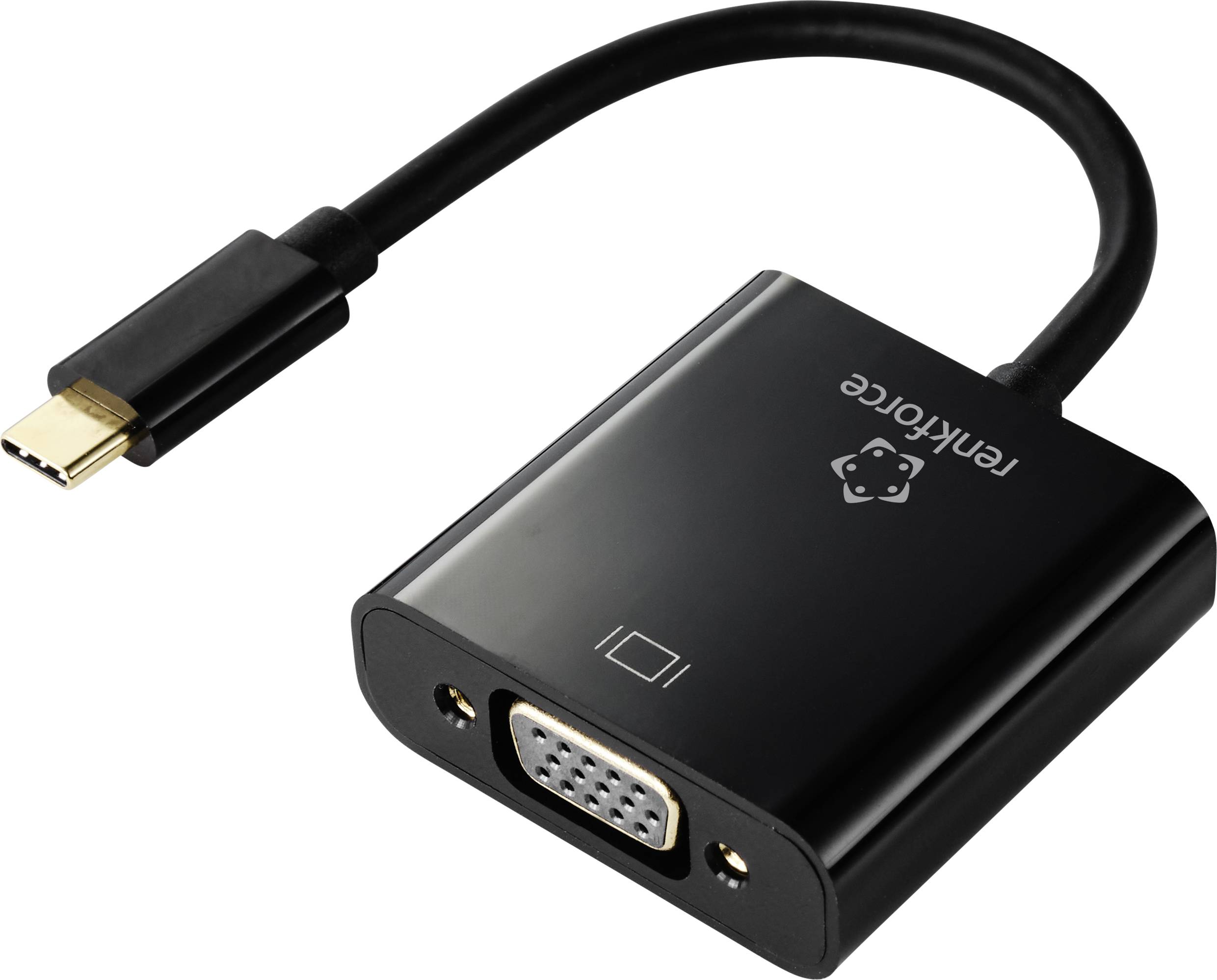 Black USB-C to VGA adapter with a short cable. Marked with 'fenikotec' and a symbol on top.