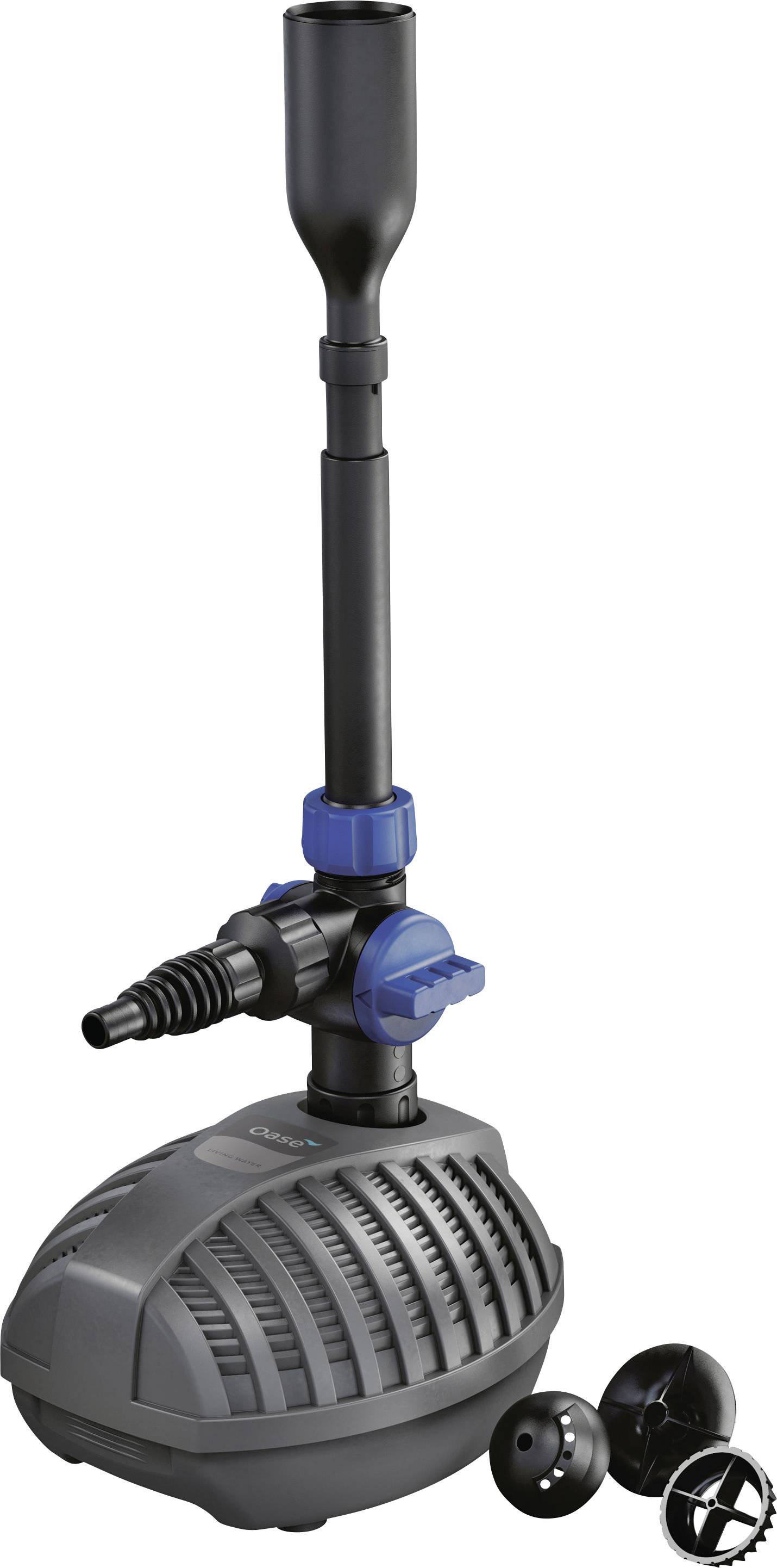 A black and gray water pump with a blue regulator, featuring a long black spout and additional nozzle attachments beside it.