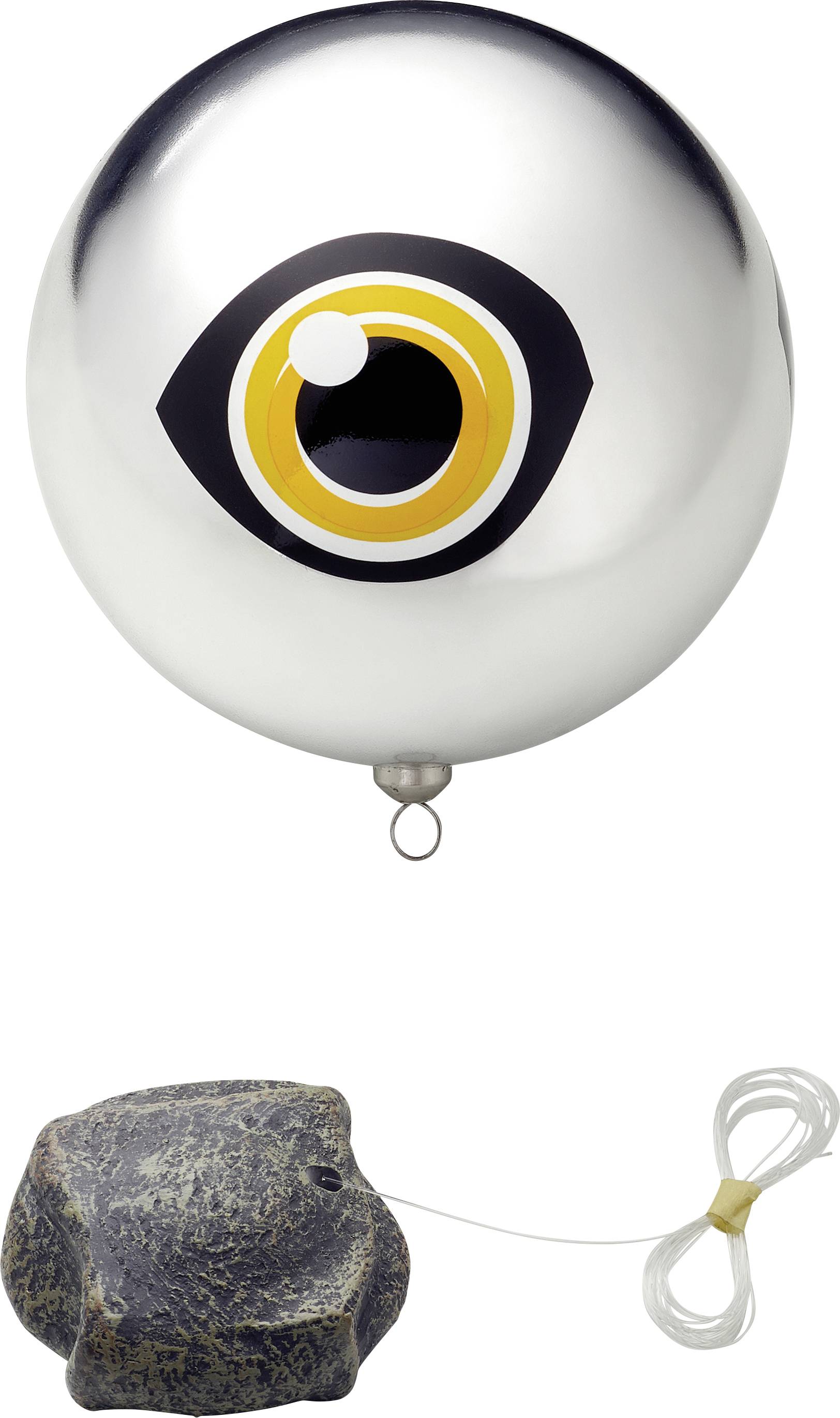 A silver balloon with a large eye print, attached to a stone weight by a string.