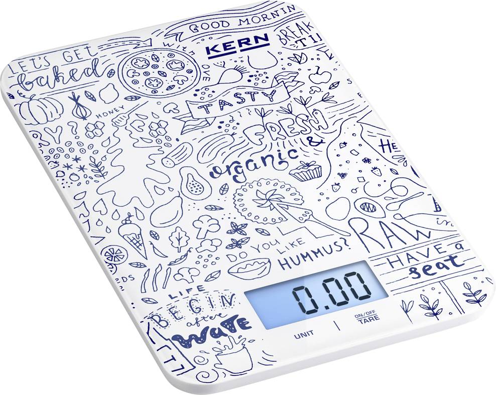 Digital kitchen scales with a blue, sketch-style decoration and a display showing 