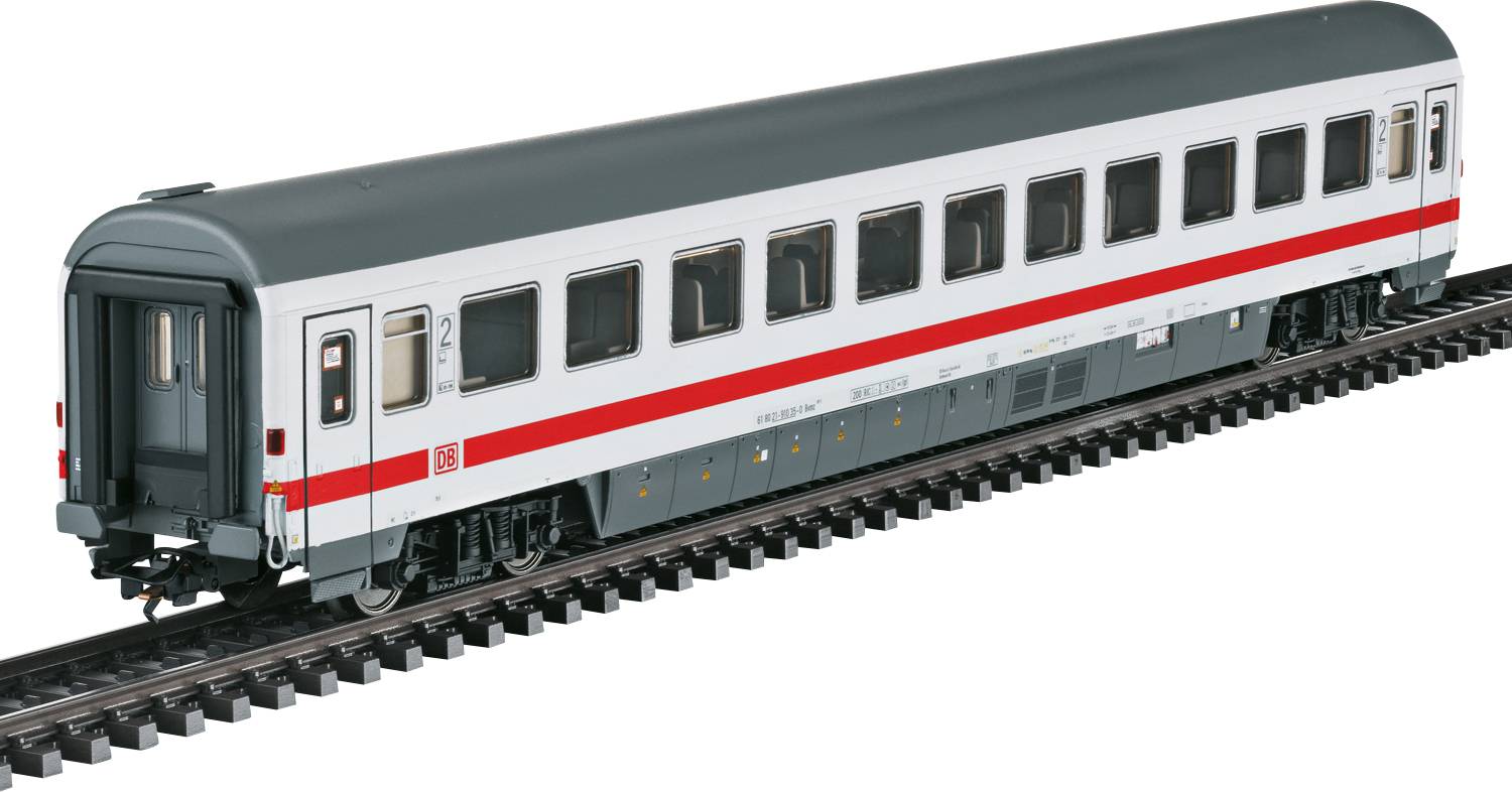 A modern, silver railway carriage with a red stripe travels along the tracks. Deutsche Bahn logo visible on the carriage.