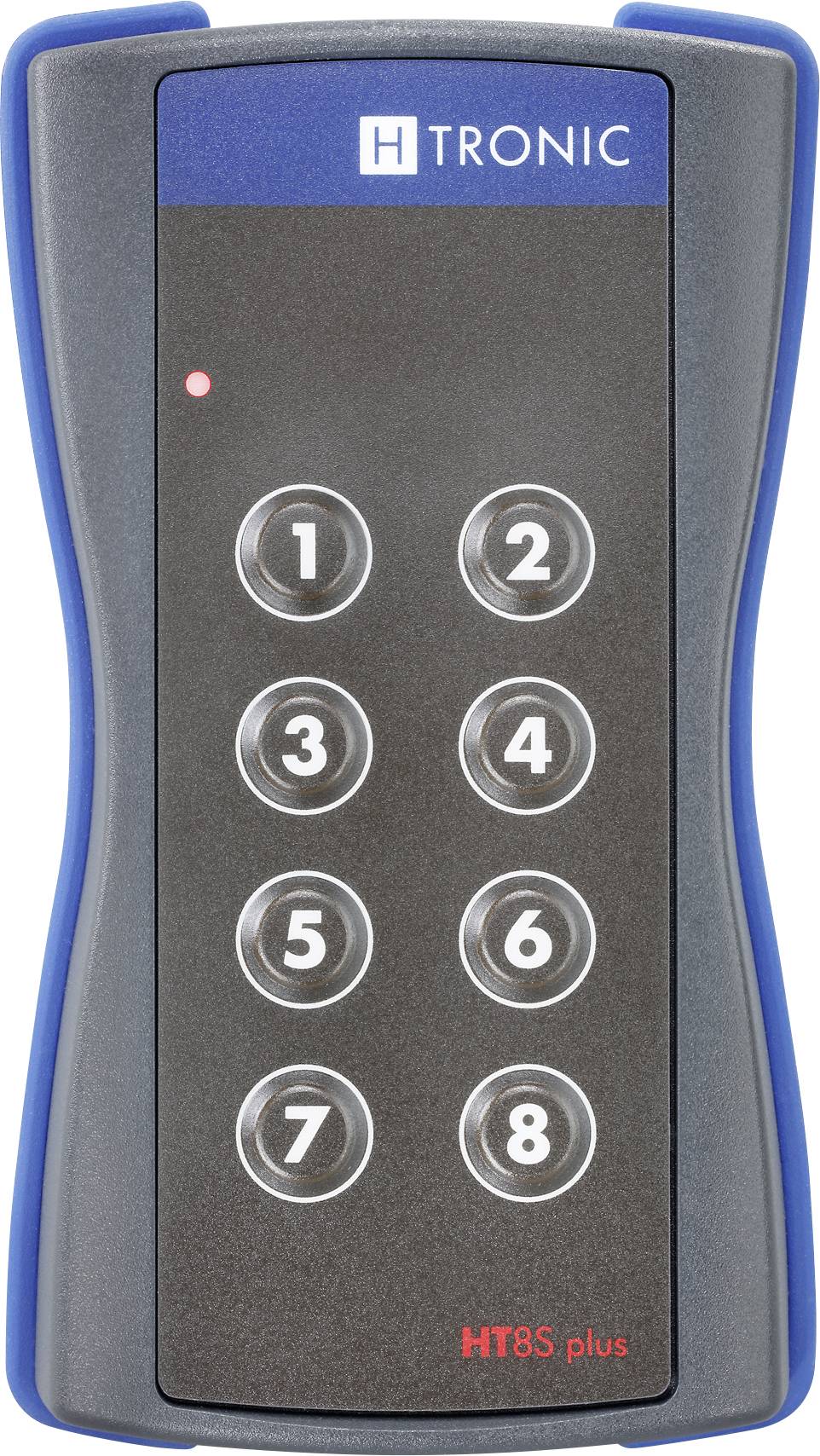 A remote control with eight numbered buttons and an LED display at the top. Brand 'H Tronic', Model 'HT8S plus'.