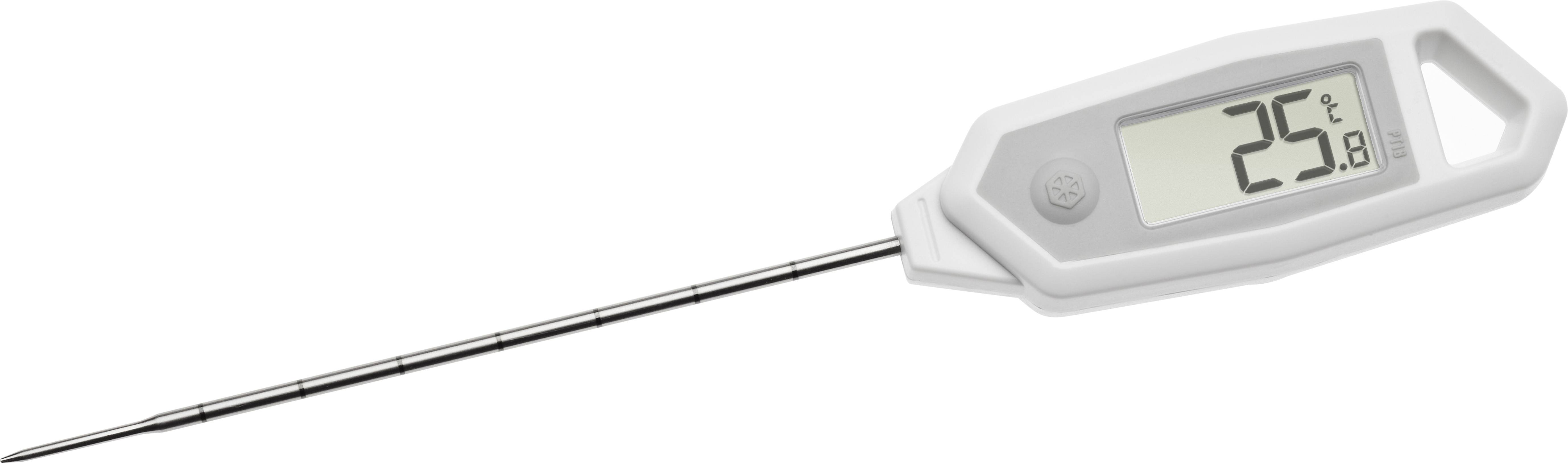 Digital kitchen thermometer shows a temperature of 25 degrees Celsius.