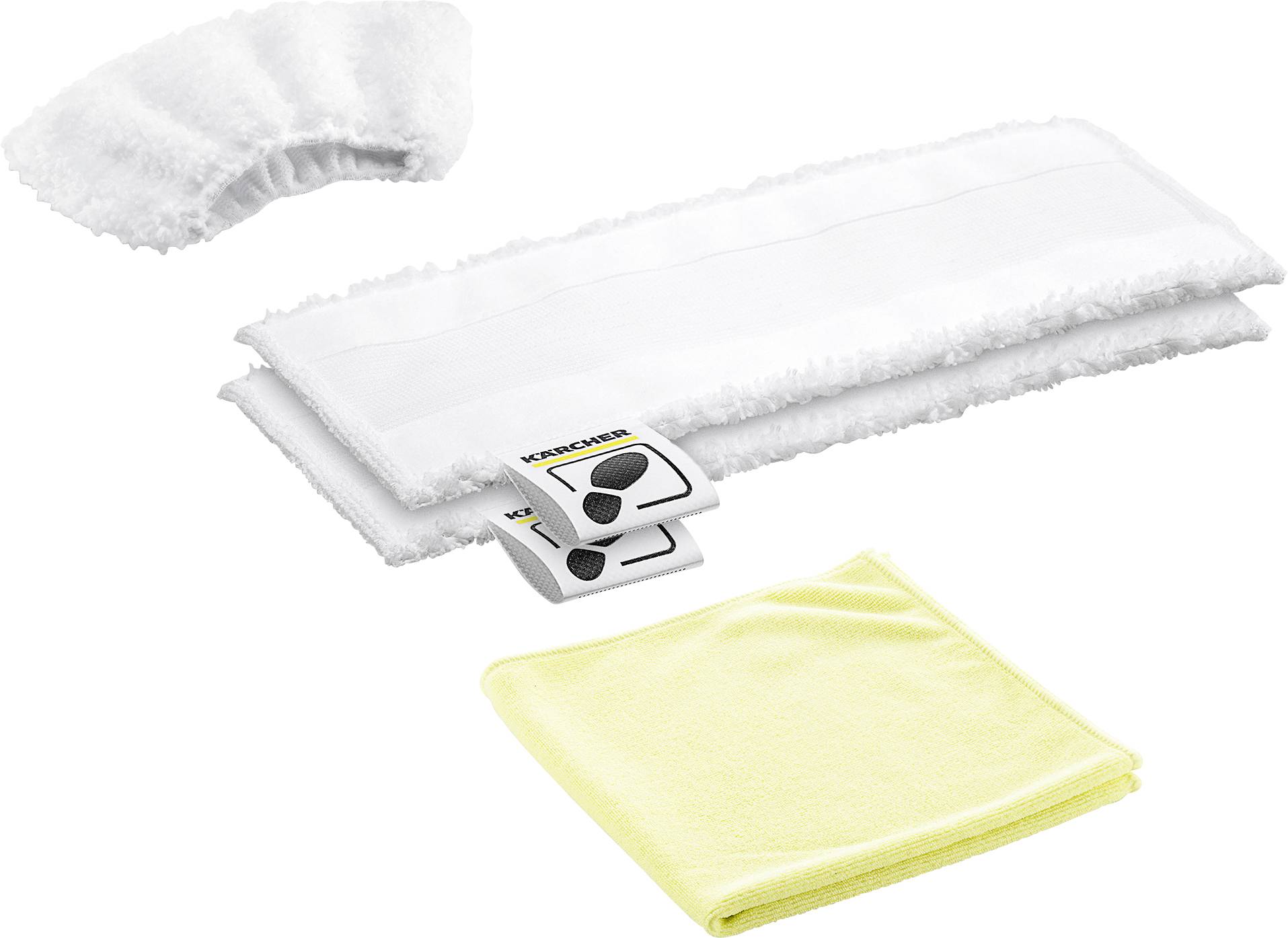 White and yellow cleaning wipes, one of which has a labelled tab, are lying on a surface. These wipes are used for cleaning.