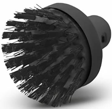 Round black brush head with stiff bristles, suitable for thorough cleaning.