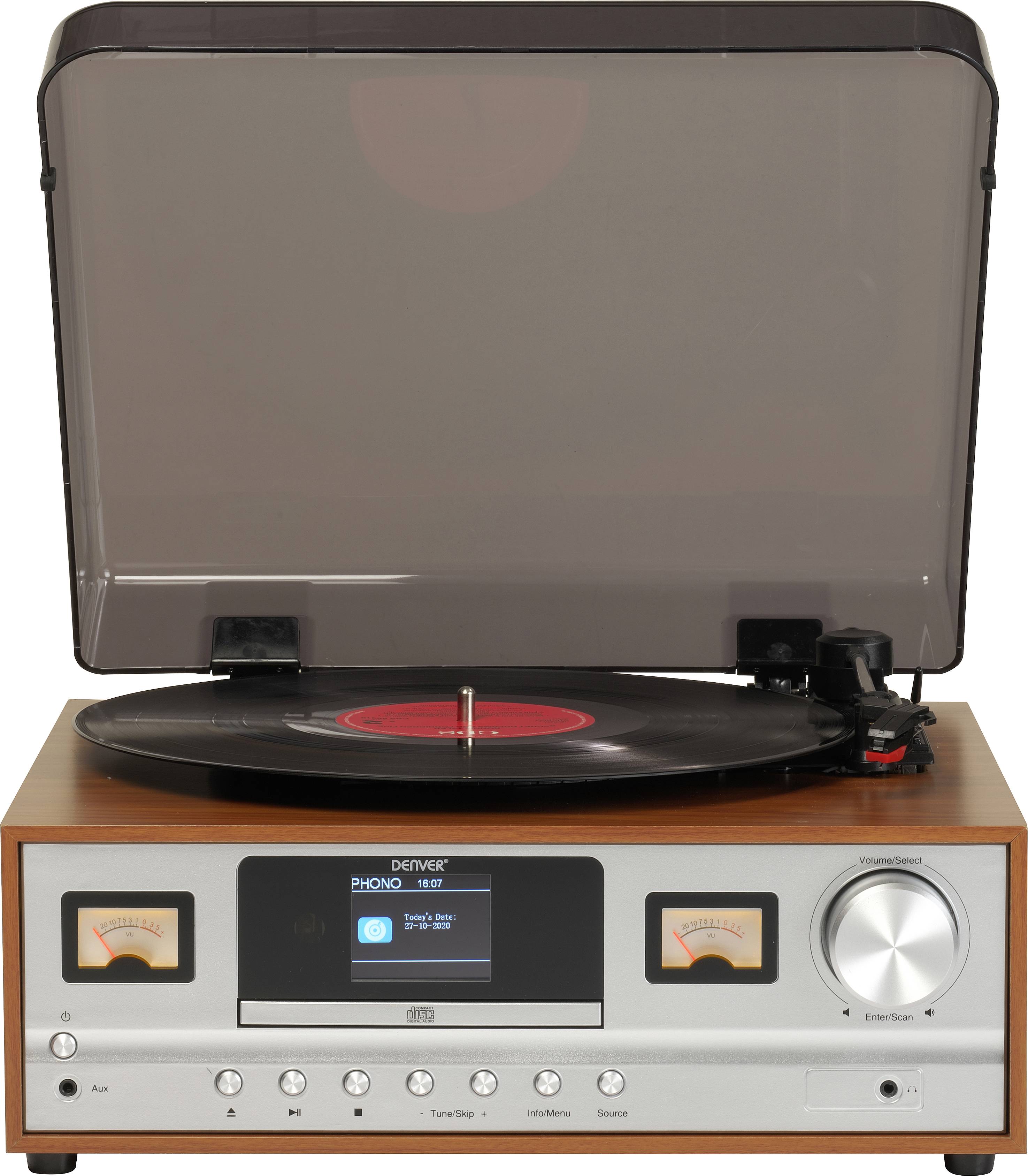 Wooden-effect record player with a vinyl record placed on the turntable and the dust cover raised. A display showing 'PHONO' is illuminated at the front.