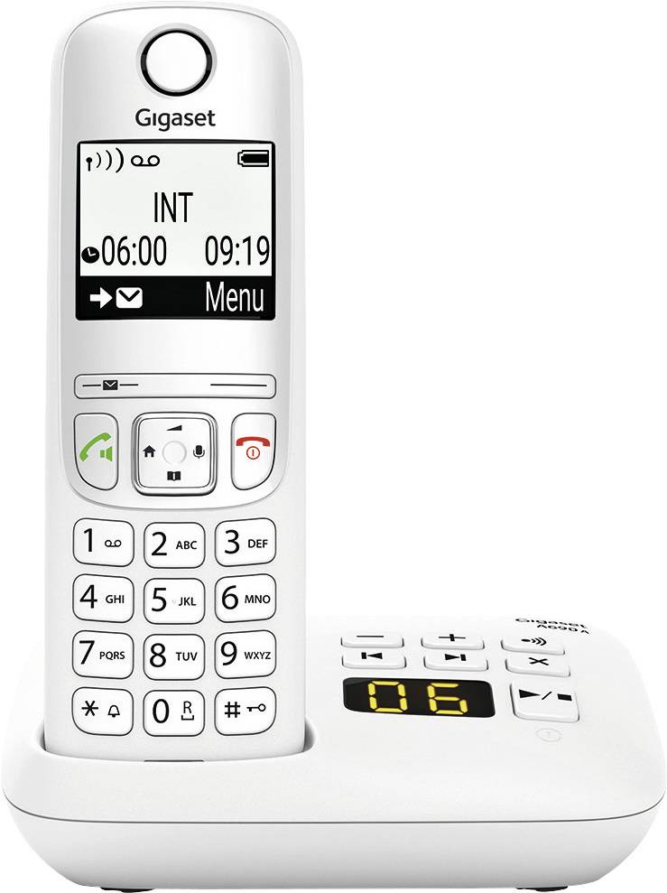 A white cordless telephone on a base station, displaying the time. Buttons with numbers and symbols underneath.