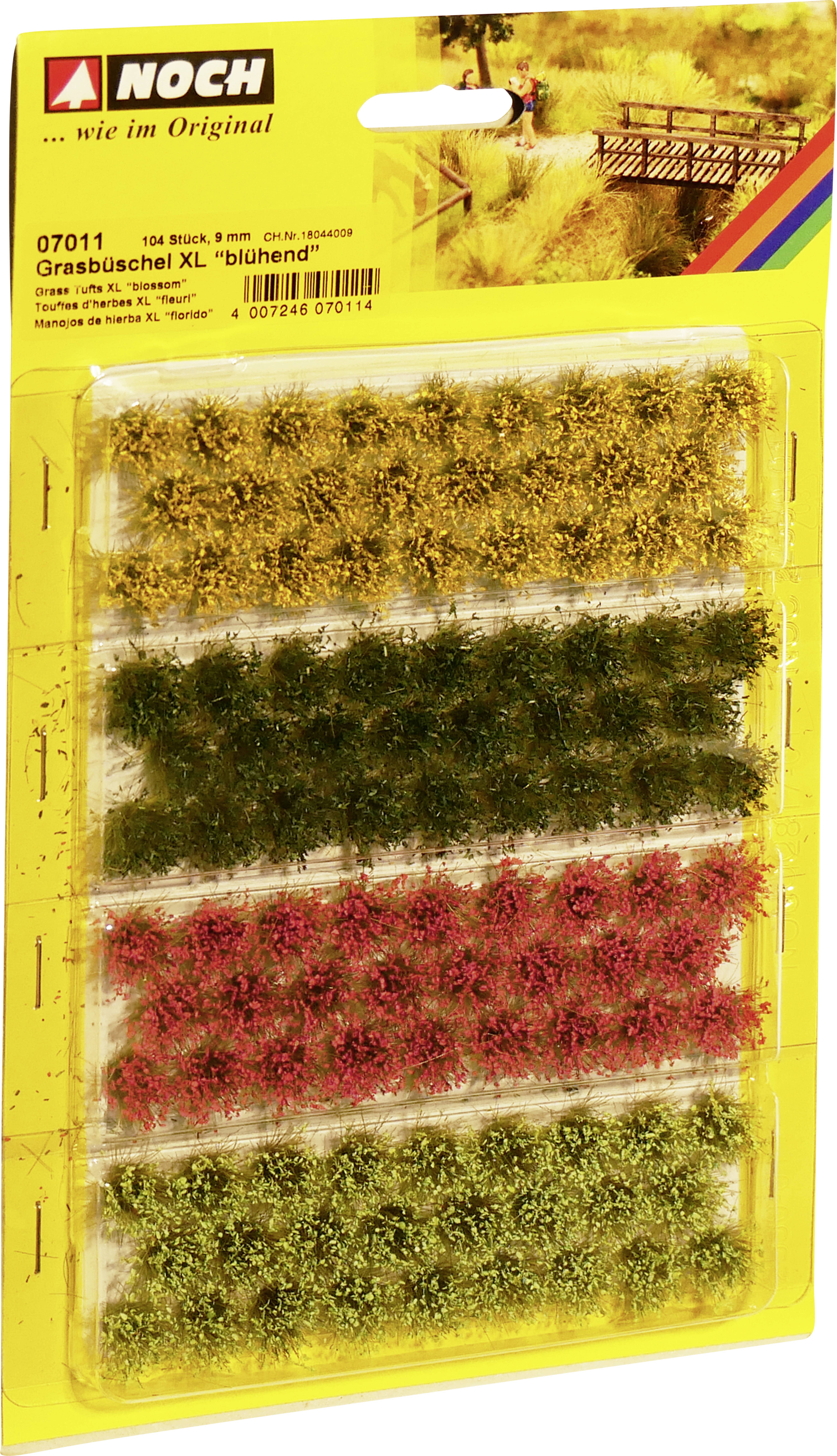 Grass tufts for model railways. Contains various colours: yellow, green, red. Brand 'Noch'.