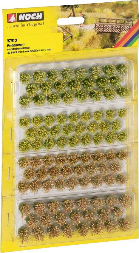 'NOCH Wildflowers', miniature models of flower bushes in various green shades with colourful blossoms, suitable for model making.