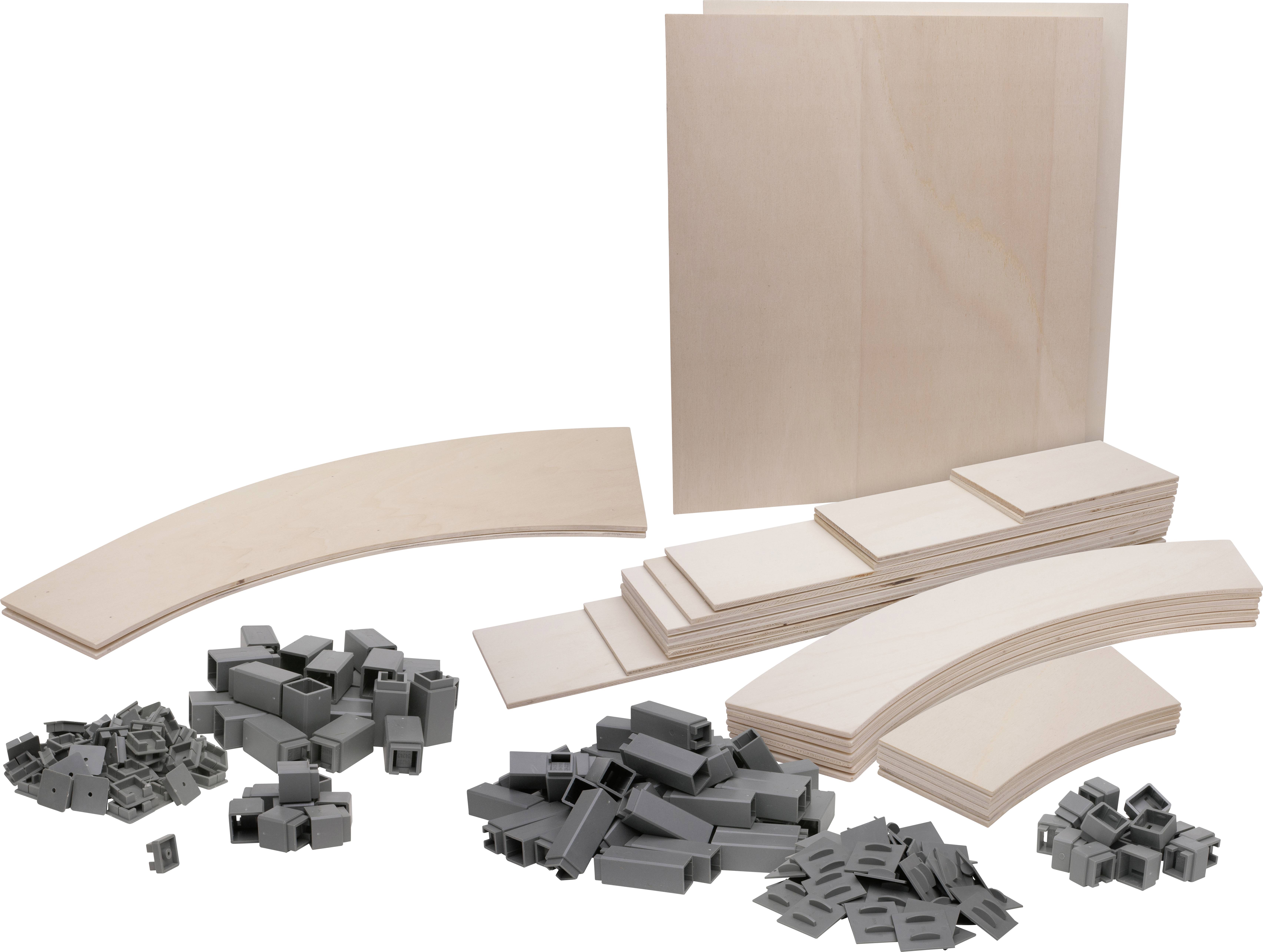 Wooden parts and grey plastic connectors for model building on a white background. Includes curved and rectangular wooden pieces.