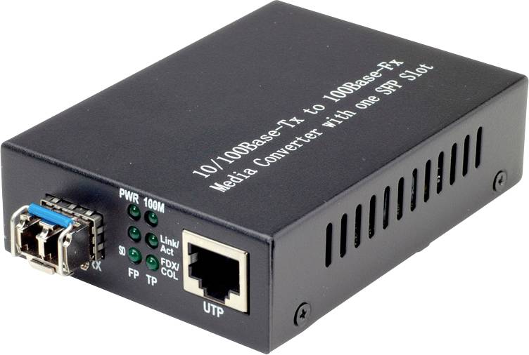 Media converter with an SFP slot, 10/100Base-TX to 100Base-FX, displaying Ethernet and fibre optic connections, with status LEDs on the side.