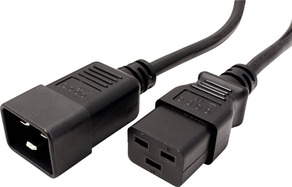 Power cable with two IEC connectors, one male and one female. Commonly used for computers and electronic devices.