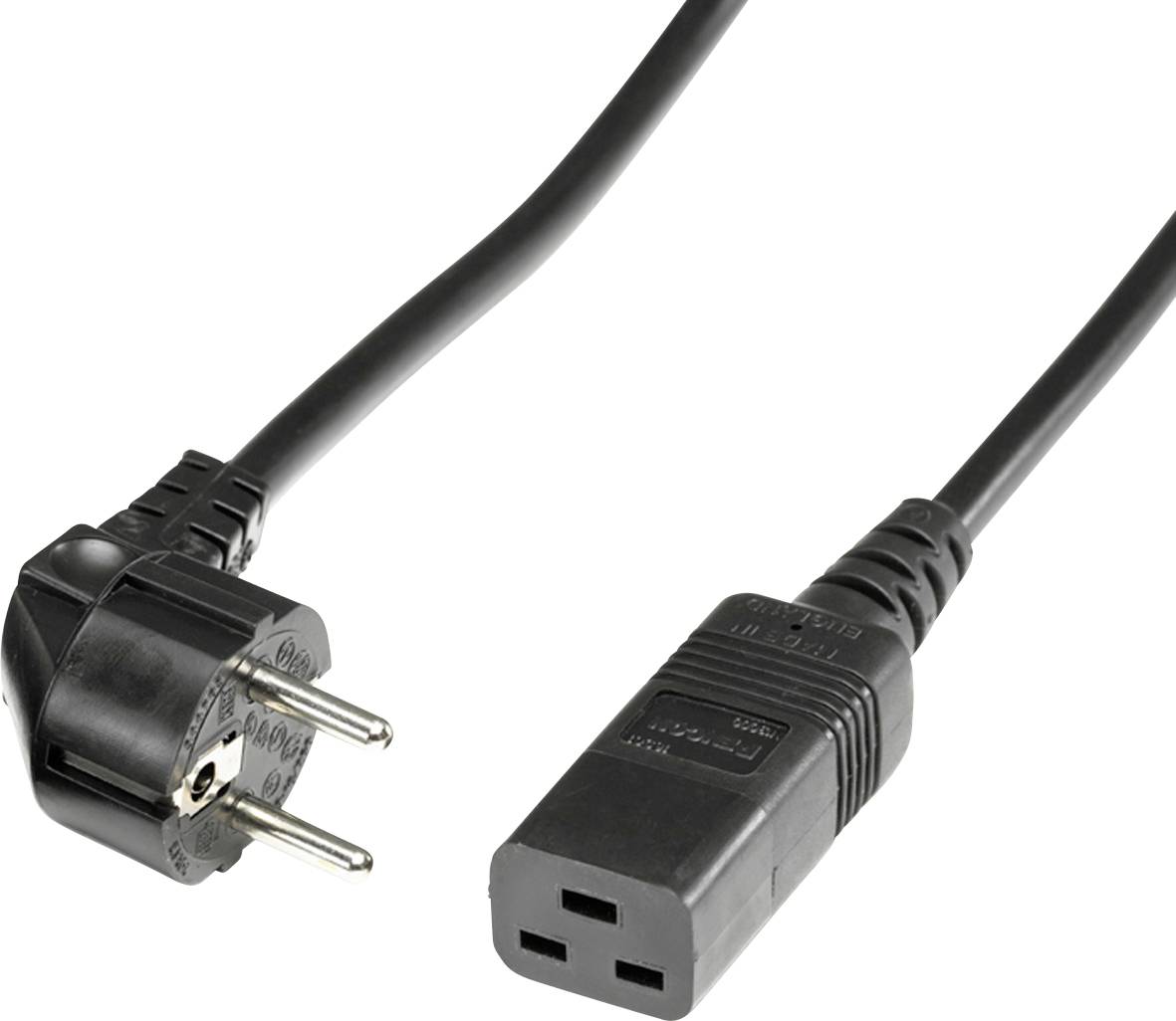 A black power cable with a Schuko plug on one side and a rectangular C13 connector on the other side.