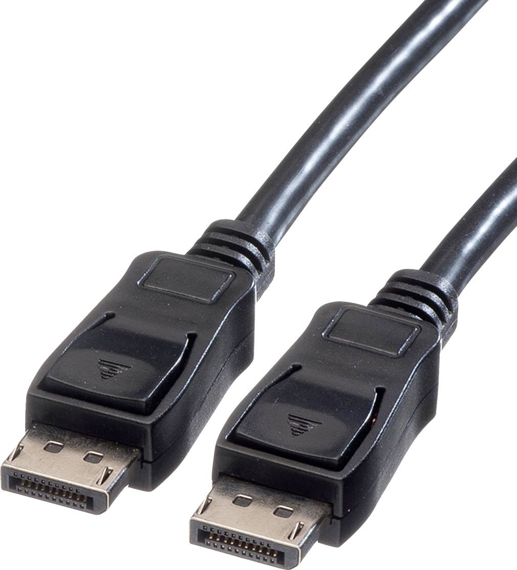 DisplayPort cable with two connectors, black, for connecting monitors to computers for high-resolution image signals.
