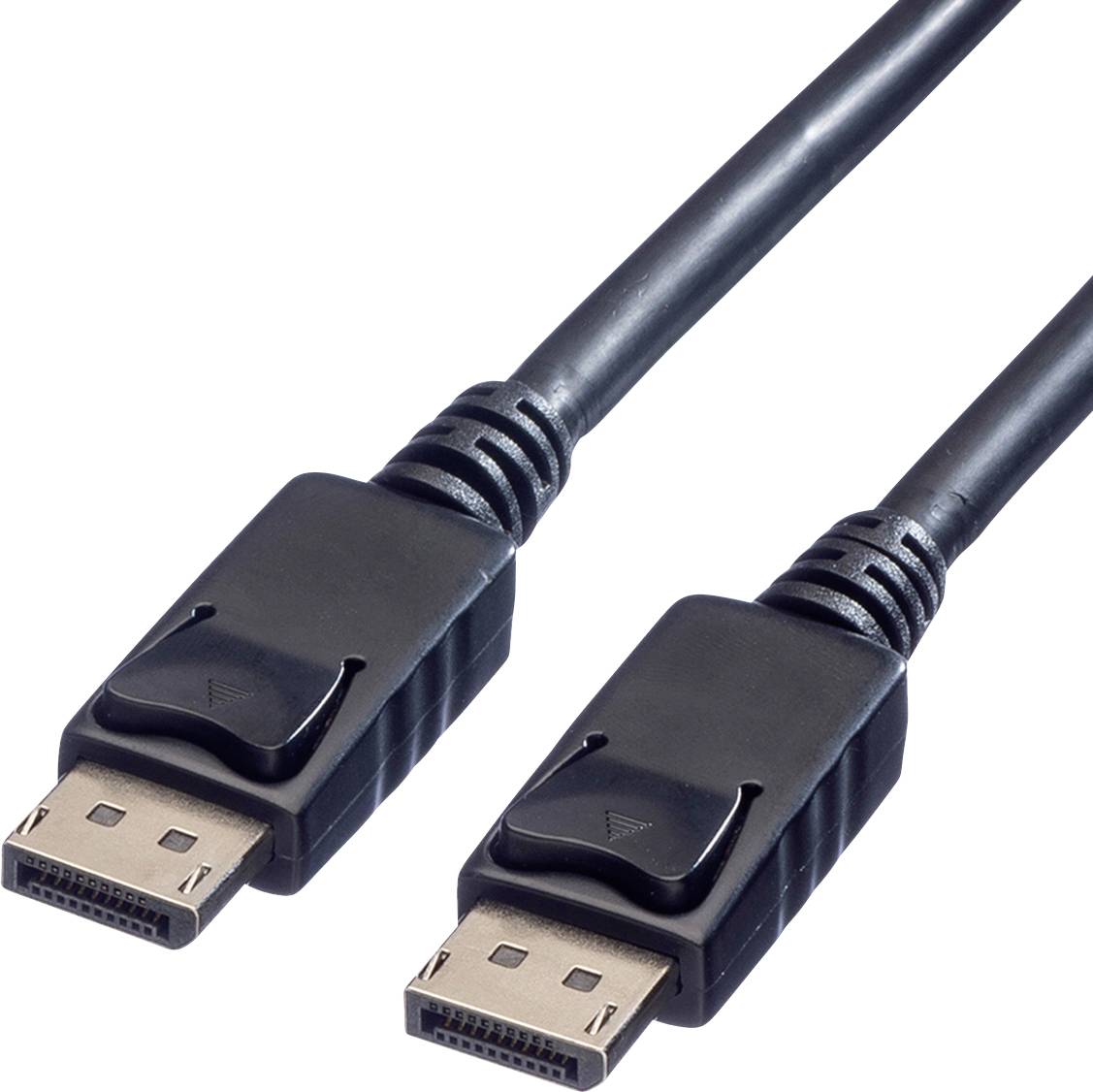 Two black DisplayPort cables with rectangular plugs, which are commonly used for connecting monitors to computers.