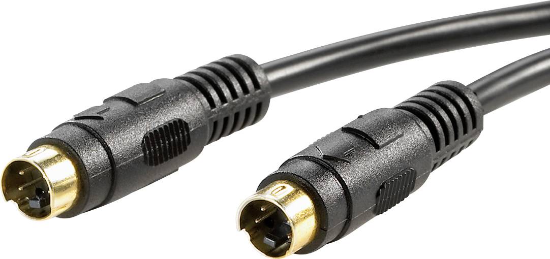 Black S-Video cable with two connectors, close-up. Suitable for video transmissions between devices.