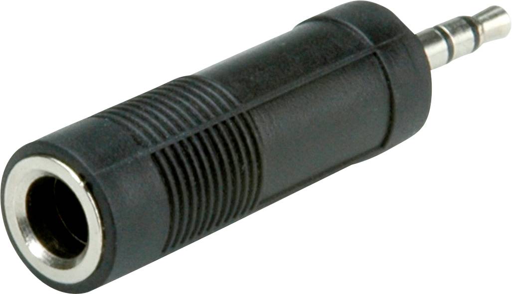 A black audio jack adapter with a 3.5 mm plug and 6.3 mm socket, commonly used for connecting headphones or audio devices.