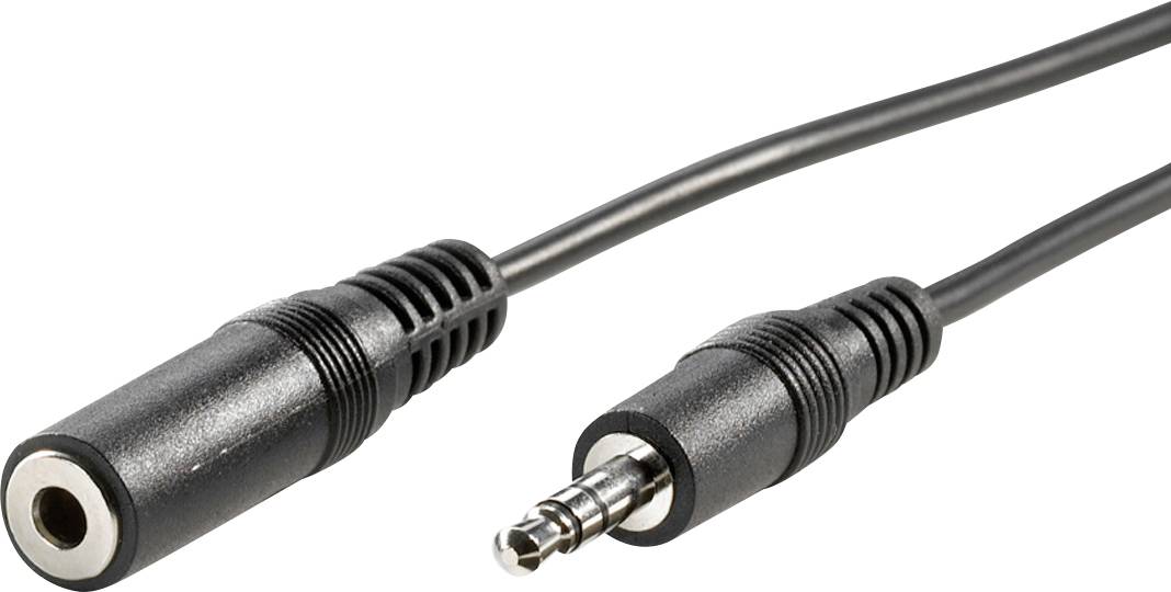 Stereo audio cable with a 3.5mm plug and a 3.5mm socket. Used for connecting audio devices.
