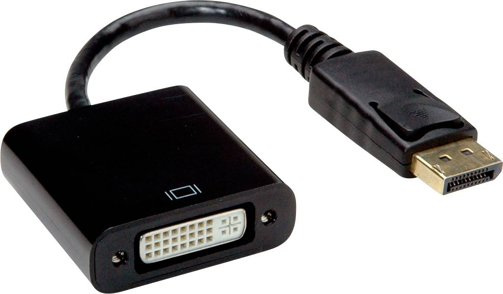 A black DisplayPort to DVI adaptor cable that converts and transmits digital video signals between devices.