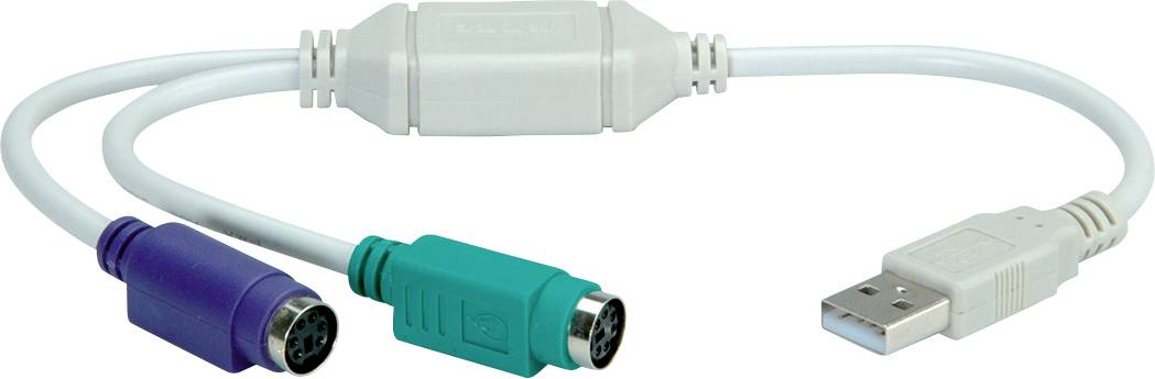 A PS/2 to USB adapter cable with two PS/2 plugs in purple and green, connected to a white USB plug.