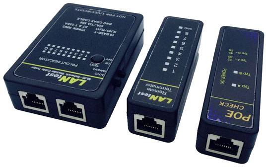 LAN Cable Tester with main unit and two remote terminals. Used for checking cable connections and fault detection.