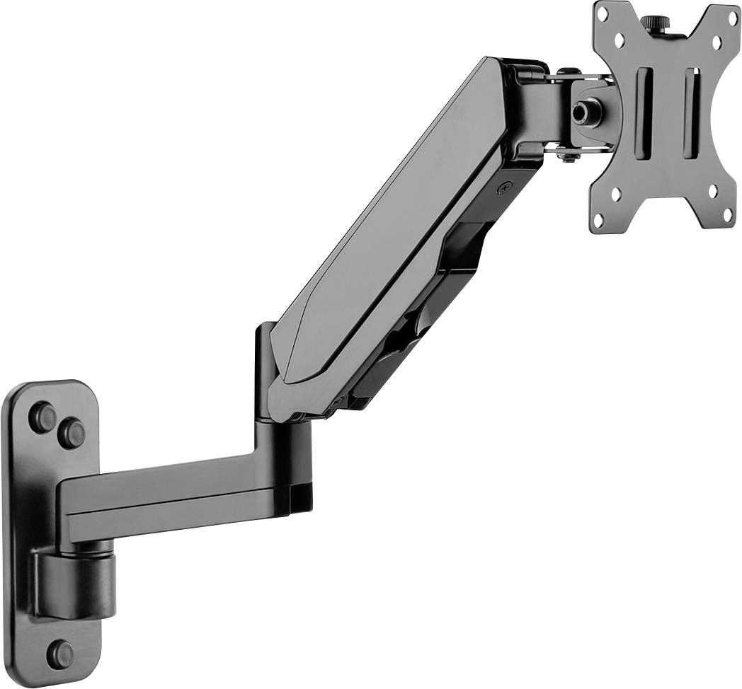 Black, pivoting metal monitor mount for wall installation, showing a movable arm structure with VESA mounting.