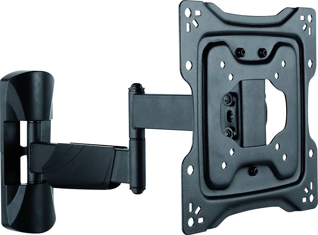 Black, swivel TV wall mount with articulated arm, suitable for flat screens. Robust and easily adjustable.
