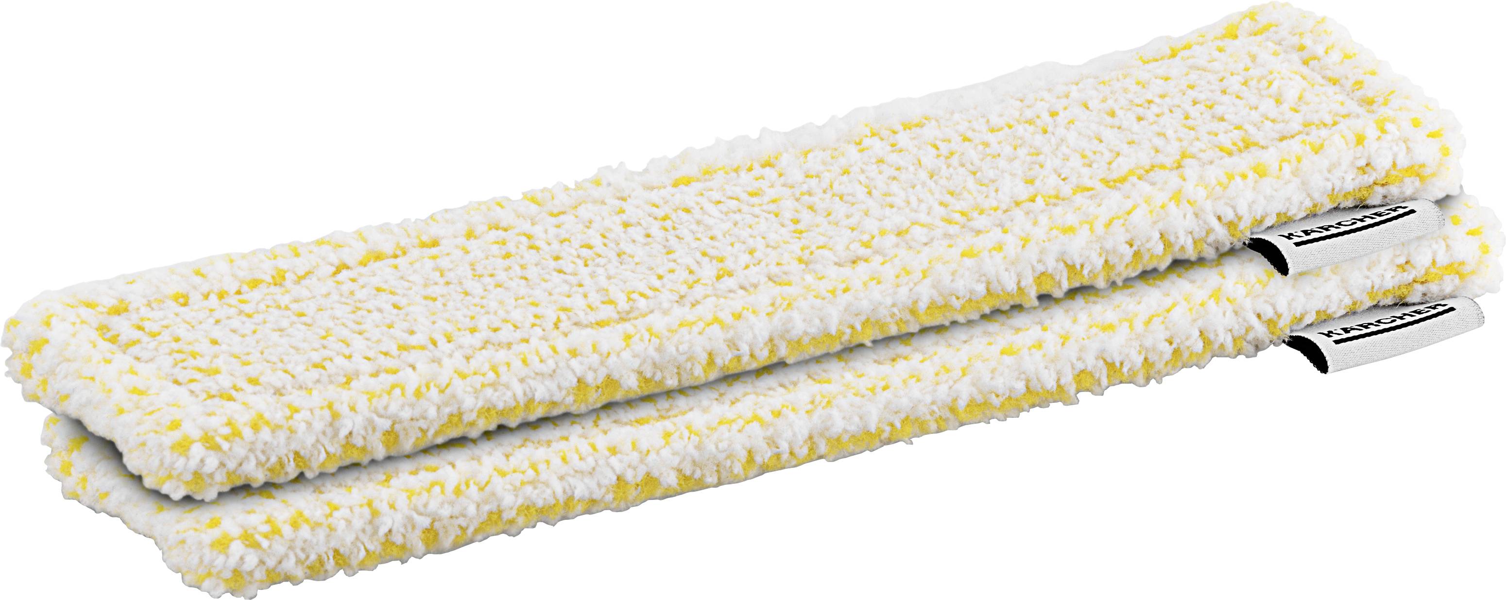Two white cleaning cloths with yellow stripes, stacked on top of each other. Suitable for floor cleaning.