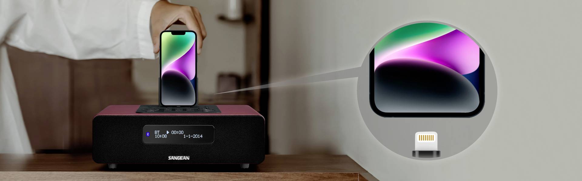 Sangean DDR-38 Desk radio DAB+, DAB, FM Apple Universal Dock, AUX, Bluetooth Battery charger, Incl. remote control, Alarm clock