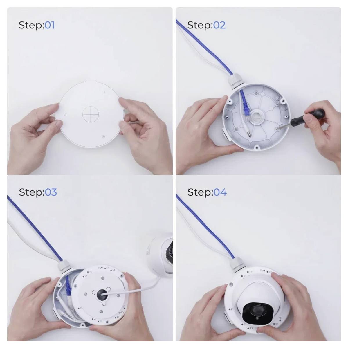 'Step 01 to 04' shows hands assembling a device; aligning, securing with screws, attaching wires, and closing the cover with a lens.