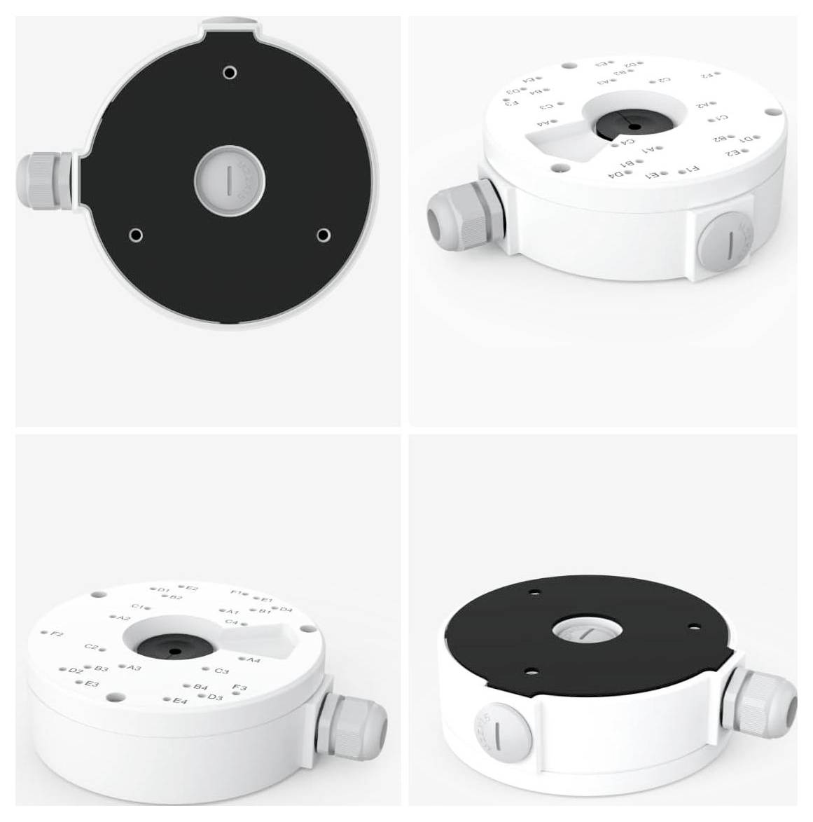 Four views of a round white camera junction box with side ports and mounting holes, showing different angles and configurations.