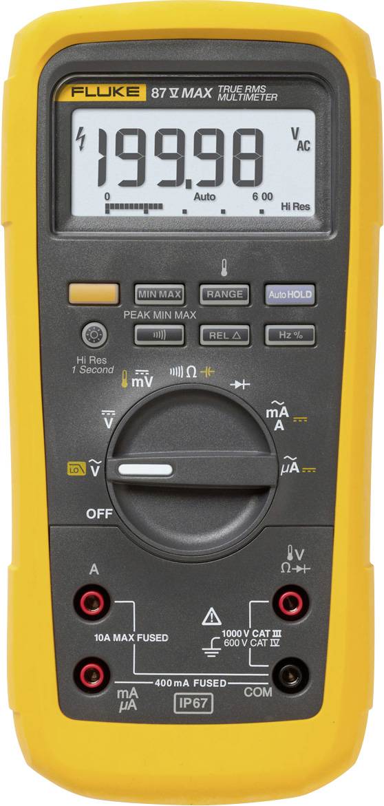 A digital multimeter with a yellow casing shows a measured value of 199.98 volts AC on the display.