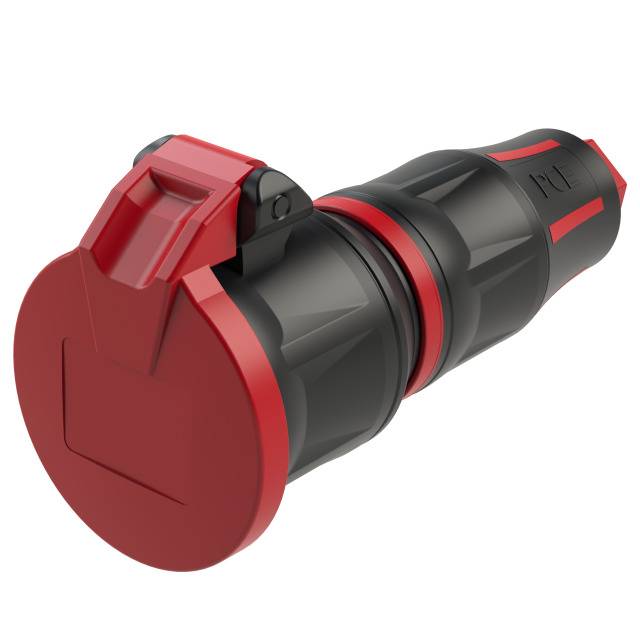 A red and black connector, circular housing with locking mechanism. Industrial design, robust and weatherproof.