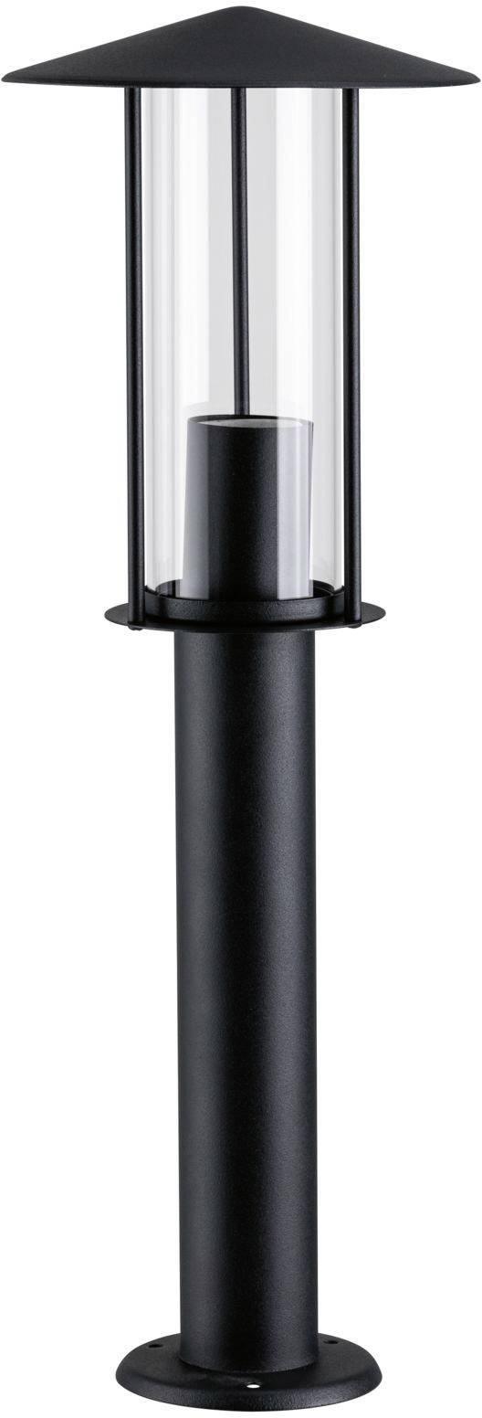 Black, contemporary garden lamp with a clear glass cylinder on a tall, slender base.