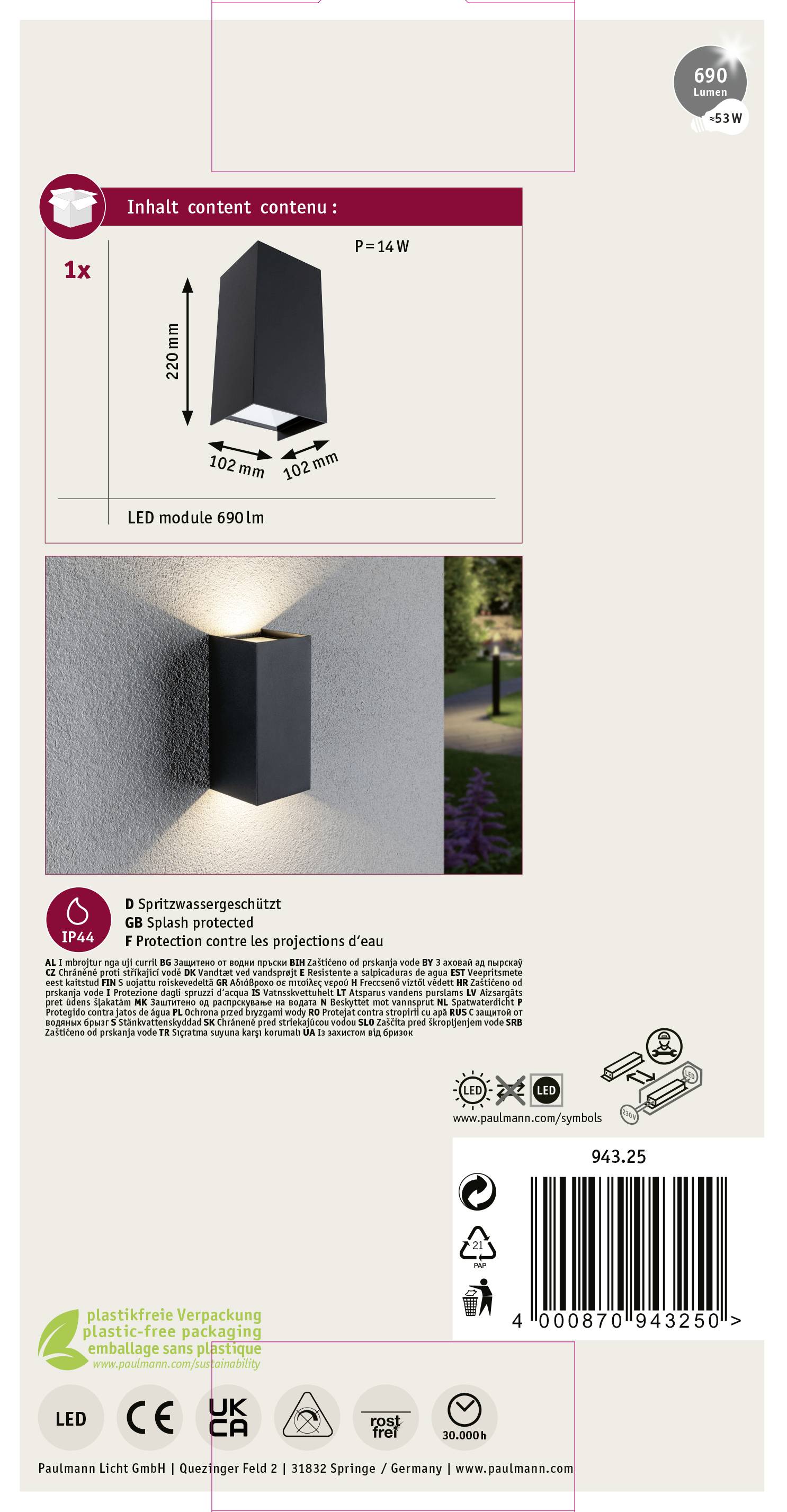 Exterior Wall Light, LED, 14W, 690lm, IP44, Protection Against Water Splashes. Included: 1x Light Fitting, Screws. Dimensions: 10x10x10 cm.