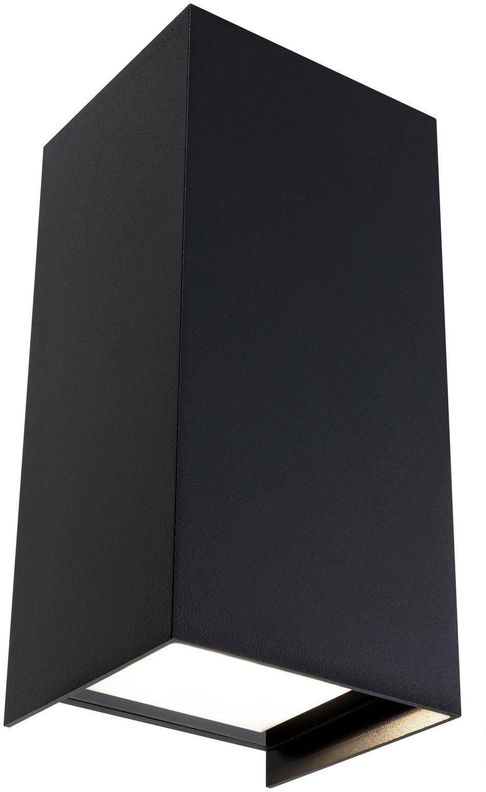 Black, modern exterior wall light with a rectangular design. Light illuminates from below through a narrow slot.
