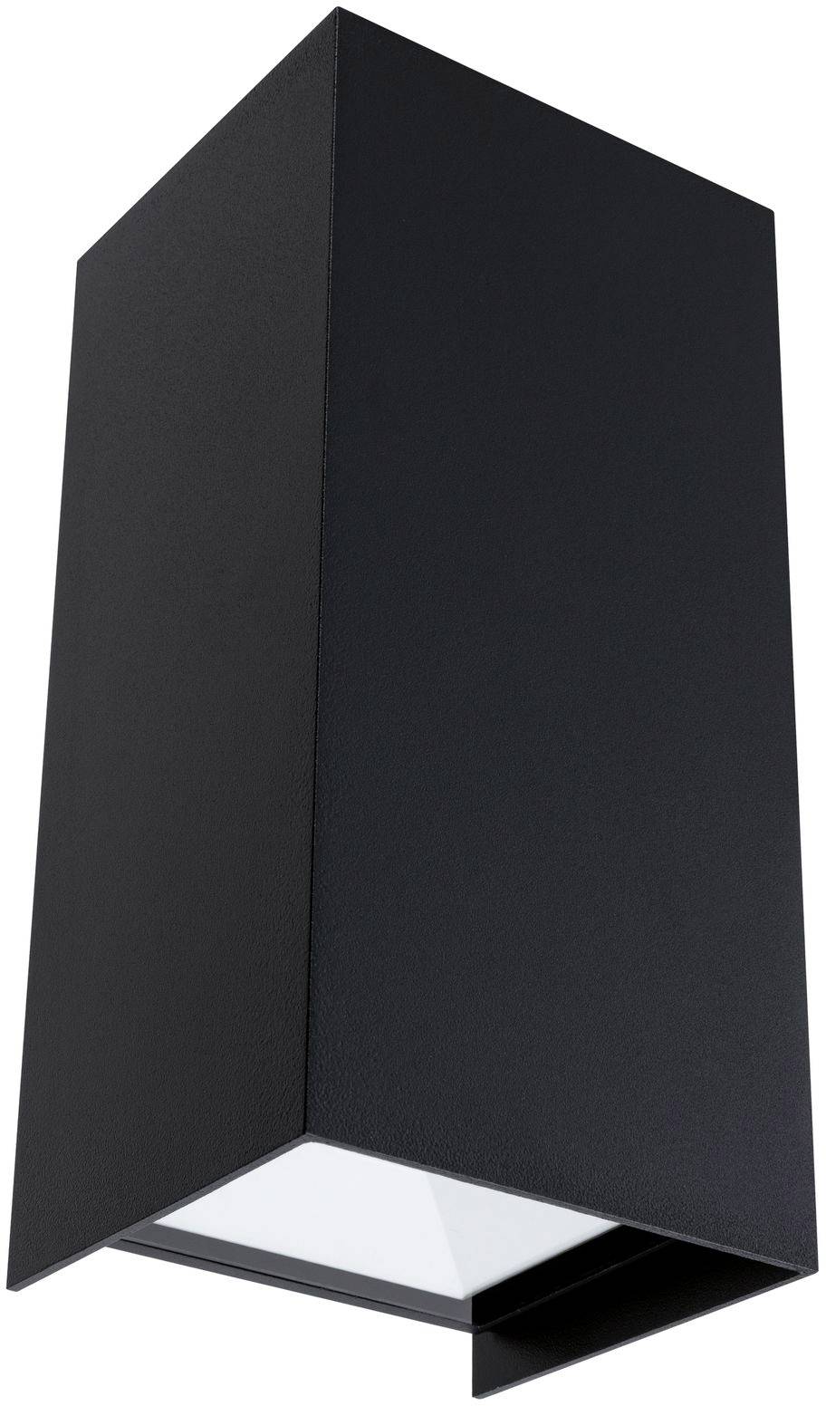 Black, rectangular outdoor wall light with a modern, minimalist design. Perfect for illuminating exterior areas or entrances.