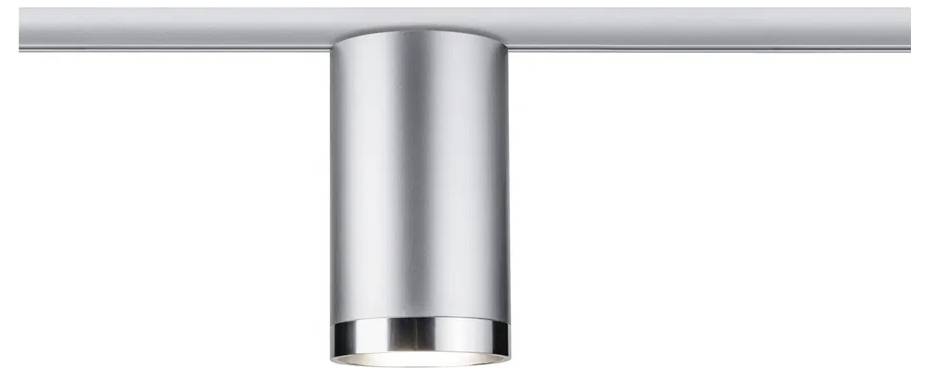 Silver cylindrical ceiling light mounted on a pole. The light is directed downwards.