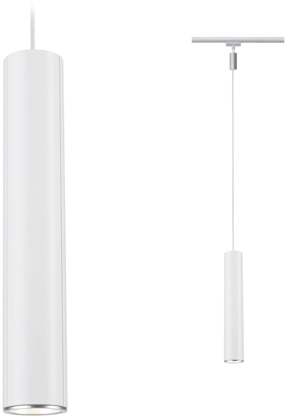White, cylindrical pendant light hanging from a cable on a ceiling mounting system. Suitable for modern interiors.
