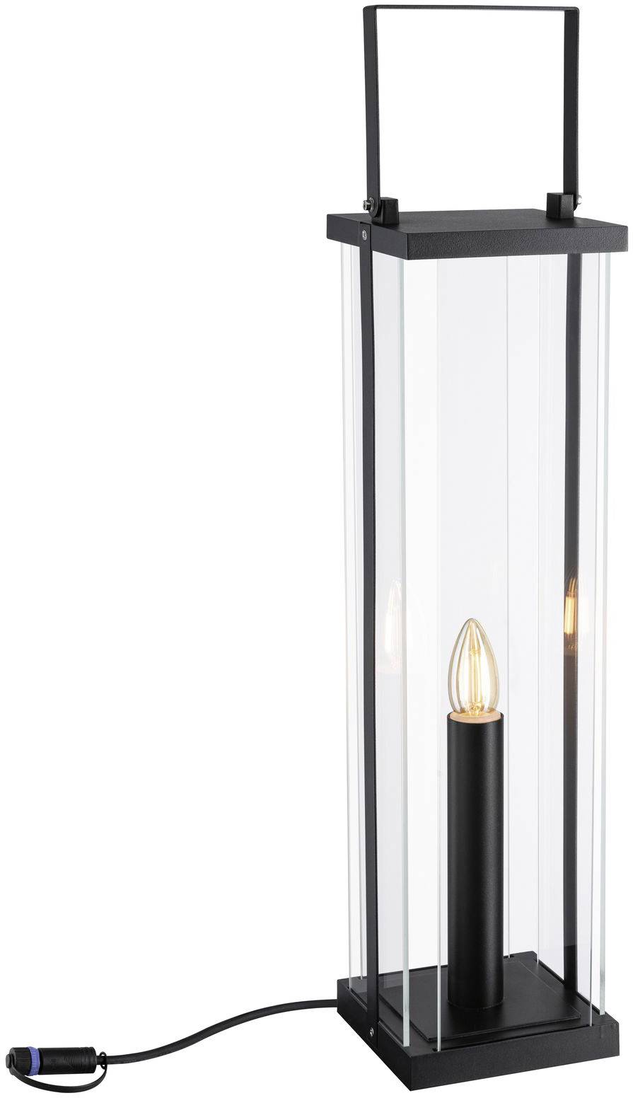 A tall, modern lantern lamp with a metal frame and glass panels enclosing a single, cylindrical light bulb.