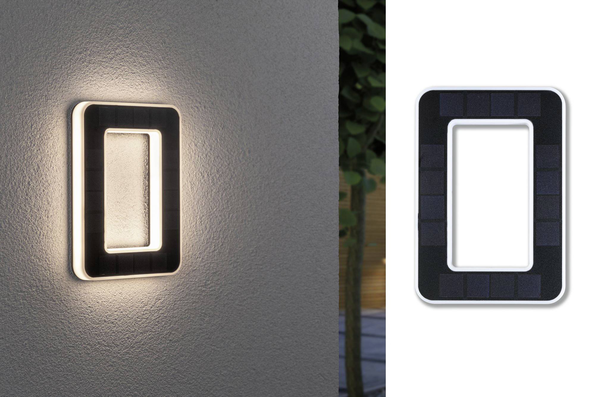Solar-powered wall light illuminates an exterior wall. To the right of the light, the solar panel is shown.