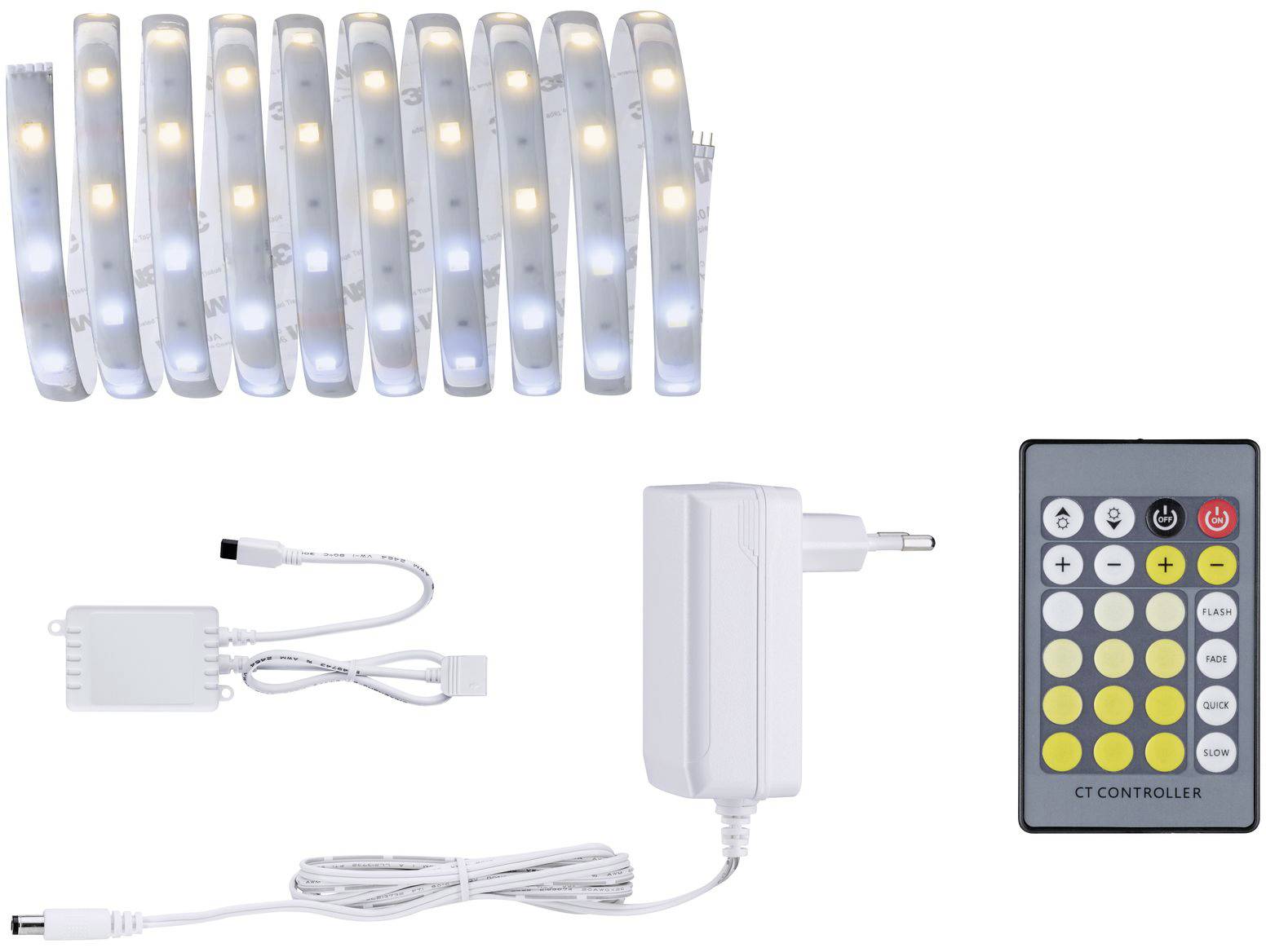 LED light strip with remote control, power supply, and controller. The strip alternates between warm and cool light tones.
