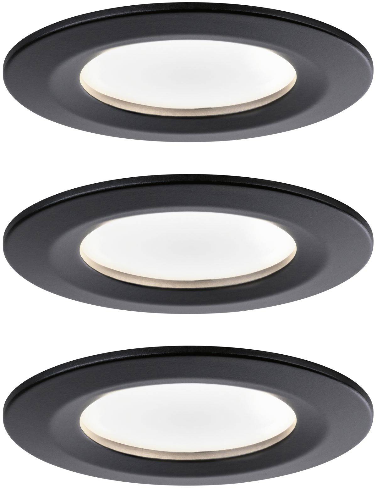 Three black LED ceiling spotlights shine, arranged in a vertical row, against a white background.