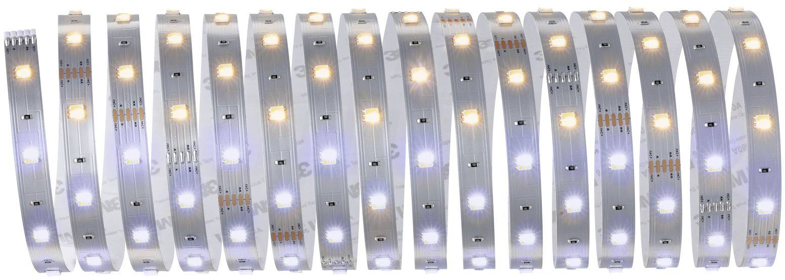 LED strip with alternating warm white and cool white lights, arranged in a pattern, on a reflective surface.
