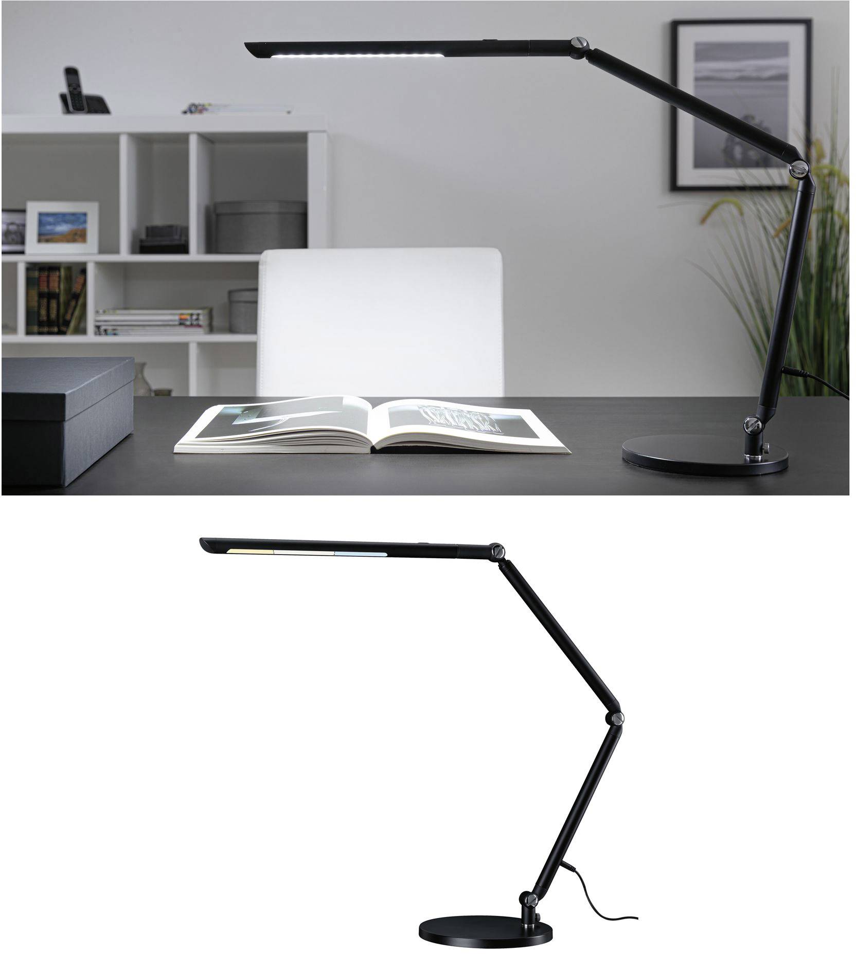 A desk with a modern LED lamp. Bookshelves are visible in the background. A lamp is positioned in the foreground for illustration.