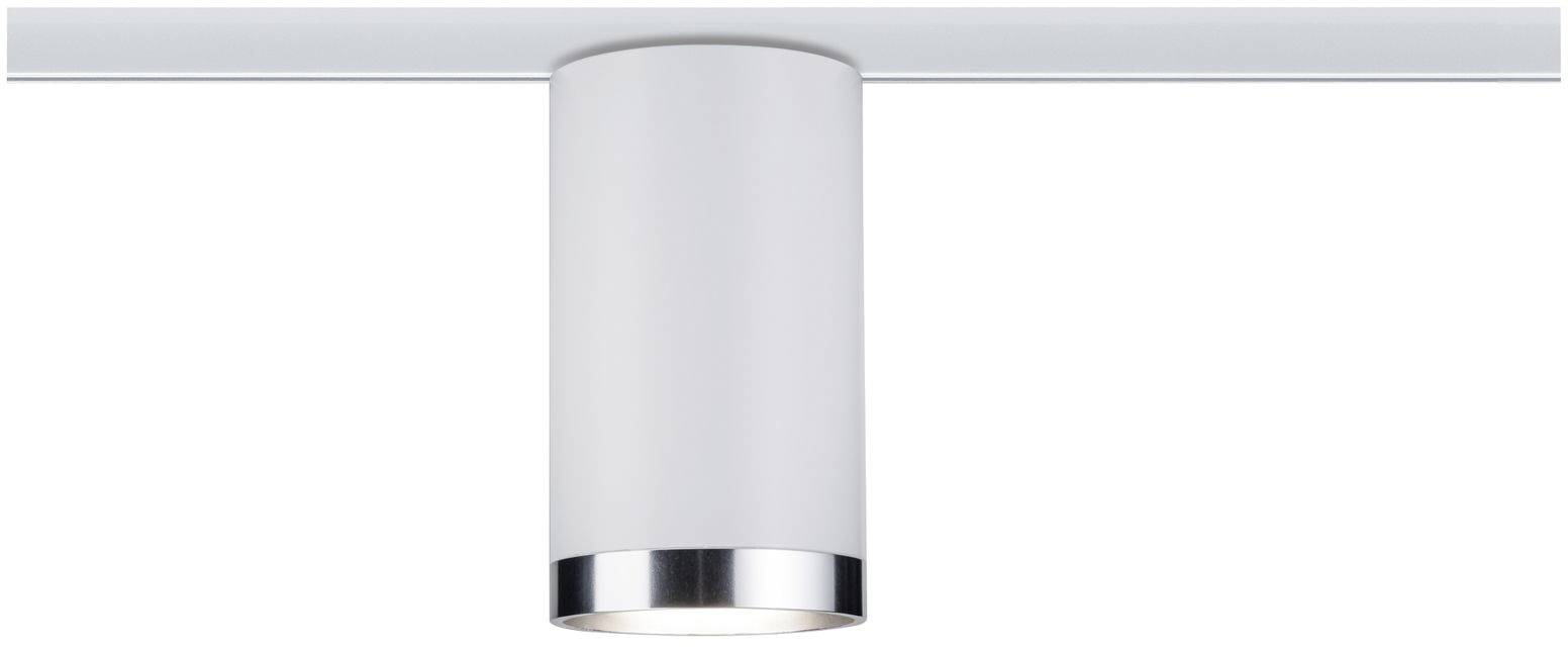 Ein zylindrisches, silbernes Deckenleuchtengehäuse aus Metall, montiert an einer schmalen Stange. Minimalistisches Design.